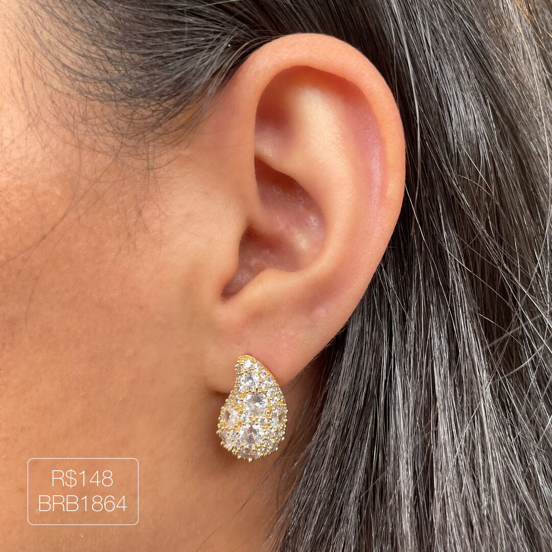 Brinco Gota D'agua Ultra Cravejada Cristal Dourada